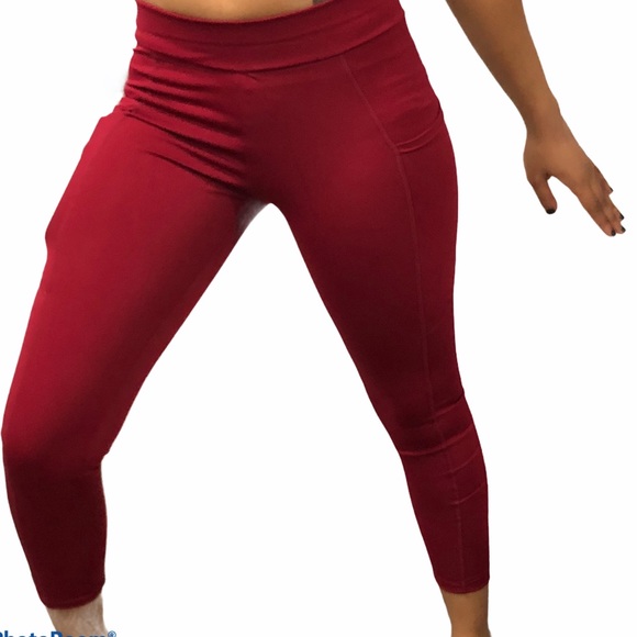 Leggings RED Fitness Yoga Casual Mid Waist Skinny with Side Pockets Size L - Picture 3 of 9